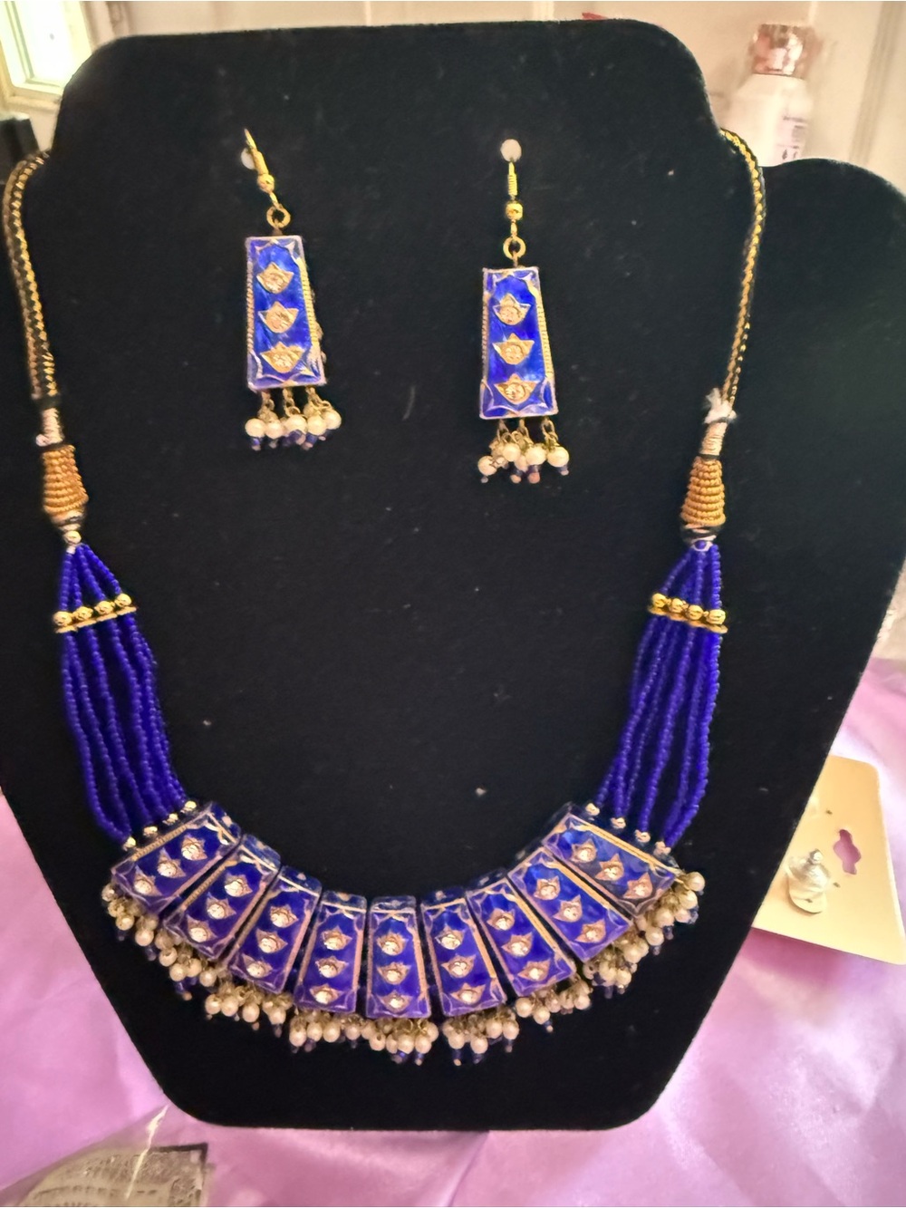 Cobalt Blue Enamel and Pearl Statement Necklace and earrings